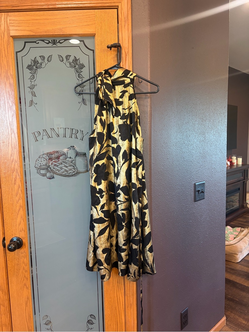 One-Shoulder Black & Gold Floral Evening Dress